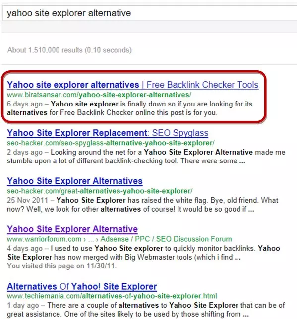 Yahoo Site Explorer Alternative SERP