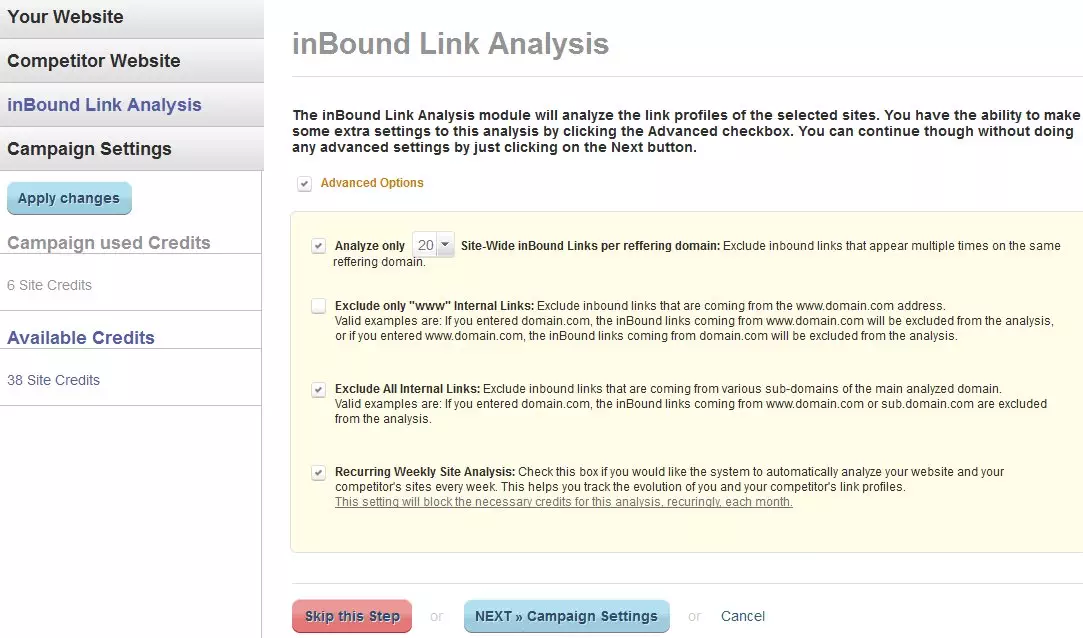 Inbound Link Analysis advanced Options