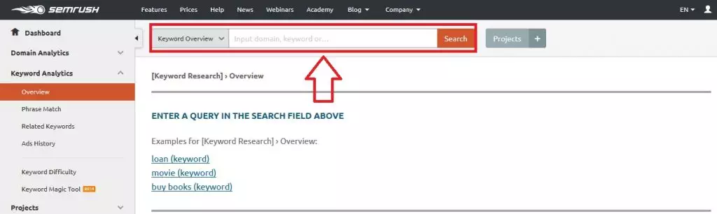 Semrush keyword analytics overview search bar