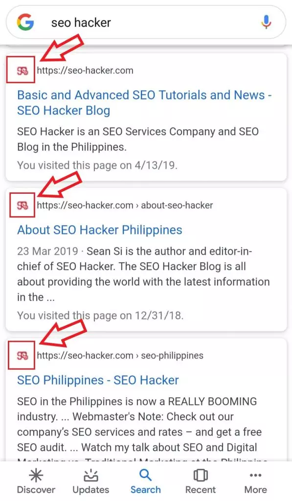 SEO Hacker favicon search results