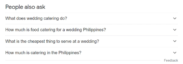 PAA y búsquedas de palabras clave relacionadas "catering de bodas"